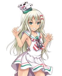 Rule 34 | 1girl, blonde hair, blush, collarbone, dress, grecale (kancolle), green eyes, hair between eyes, hair ornament, hair ribbon, headgear, highres, kantai collection, long hair, looking at viewer, open mouth, paw pose, ribbon, sailor dress, simple background, sleeveless, sleeveless dress, smile, solo, tk8d32, white background, white dress