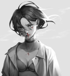 Rule 34 | 1girl, absurdres, blood, blood from mouth, blood on chest, blood on face, bra, breasts, choker, cigarette, cleavage, collarbone, collared shirt, doloyume, dripping, eyelashes, frown, furrowed brow, grey background, greyscale, hair between eyes, highres, huge filesize, injury, looking at viewer, medium breasts, monochrome, mouth hold, nosebleed, open clothes, open shirt, original, parted bangs, sanpaku, shirt, short hair, simple background, smoke, smoking, solo, spot color, underwear, upper body, wind