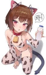 Rule 34 | 1girl, absurdres, animal collar, animal print, bell, bikini, blush, bottle, breasts, brown hair, collar, commentary request, cow print, cow print bikini, cow print gloves, cow print thighhighs, cowbell, from above, full body, gloves, highres, holding, holding bottle, korean commentary, looking at viewer, medium hair, merong (sou47897), milk bottle, mole, mole on breast, mole under eye, navel, neck bell, no shoes, original, print bikini, print gloves, print thighhighs, prunechi, red collar, red eyes, shadow, side-tie bikini bottom, simple background, small breasts, solo, squatting, stomach, swimsuit, tail, thighhighs, translation request, white background, white bikini, white thighhighs