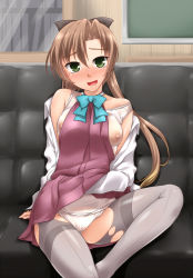 Rule 34 | 10s, 1girl, :d, akigumo (kancolle), arm at side, asymmetrical bangs, bare shoulders, black bow, blue bow, blue bowtie, blush, bow, bowtie, breasts, chalkboard, clothes lift, couch, full-face blush, grey pantyhose, hair bow, head tilt, highres, indoors, kantai collection, lifting own clothes, long hair, long sleeves, mole, mole under eye, mole under mouth, nipples, off shoulder, on couch, open clothes, open mouth, open shirt, panties, pantyhose, ponytail, purple skirt, purple vest, raised eyebrows, see-through, shirt, sitting, skirt, skirt lift, small breasts, smile, solo, strap slip, tank top, thighband pantyhose, torn clothes, torn pantyhose, underwear, upskirt, vest, white panties, white shirt, yoshi tama