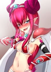 Rule 34 | 1girl, armor, bad id, bad pixiv id, bikini armor, blue eyes, blue ribbon, blush, breasts, cape, choker, curled horns, dinas, earrings, elizabeth bathory (brave) (fate), elizabeth bathory (fate), fate/grand order, fate (series), flashing, gradient background, hand on own hip, heart, heart-shaped pupils, heavy breathing, horns, jewelry, long hair, looking at viewer, loose bikini, naughty face, navel, nipples, nose blush, pauldrons, pink hair, pointy ears, red armor, ribbon, shoulder armor, small breasts, solo, sweat, symbol-shaped pupils, tiara, tongue, tongue out, two side up, vambraces, white cape
