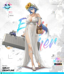 Rule 34 | 1girl, bag, bare shoulders, bikini, blue hair, blue nails, breasts, brown bag, camera phone, character name, cleavage, closed mouth, collarbone, commentary, commentary request, copyright name, dinergate (girls&#039; frontline), dp-12 (girls&#039; frontline), dress, english commentary, floor, flower hat, girls&#039; frontline, grey eyes, hand up, hat, highres, holding, holding bag, holding case, jewelry, large breasts, legs, long hair, looking at viewer, multicolored hair, nail polish, necklace, official art, pandea work, sandals, simple background, smile, solo, standing, summer, sun hat, swimsuit, toenails, viewfinder, weapon case, white bikini, white dress, white hat