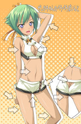 Rule 34 | 10s, 1girl, aquarion (series), aquarion evol, arm up, arrow (symbol), ass, ass cutout, bare shoulders, breasts, butt crack, cleavage, cleavage cutout, clothing cutout, dark skin, dark-skinned female, fang, green hair, groin, midriff, navel, nu (plastic eraser), purple eyes, short hair, short shorts, shorts, sideboob, solo, zessica wong