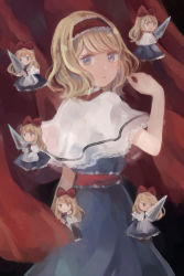 Rule 34 | 6+girls, :o, :|, alice margatroid, apron, arm at side, black background, blonde hair, blue dress, blue eyes, bow, bowtie, capelet, closed mouth, curtain grab, curtains, dark background, doll, dot mouth, dress, expressionless, feet out of frame, floating, floating hair, frills, from behind, hair bow, hairband, hand up, hands up, holding, holding polearm, holding weapon, indoors, jitome, lace-trimmed capelet, lace-trimmed hairband, lace trim, light smile, lolita hairband, long dress, long hair, looking at viewer, looking away, looking back, looking to the side, mozukuzu (manukedori), multicolored eyes, multiple girls, no lineart, no nose, parted lips, petticoat, polearm, red bow, red bowtie, red curtains, red hairband, red sash, sash, shanghai doll, short hair, standing, swept bangs, touhou, waist apron, wavy hair, weapon, white apron, white capelet, wind
