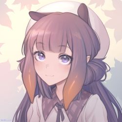 Rule 34 | 1girl, absurdres, animal ears, closed mouth, dress, extra ears, gradient hair, hat, highres, hololive, hololive english, long hair, looking at viewer, mole, mole under eye, multicolored hair, neck ribbon, ninomae ina&#039;nis, pointy ears, portrait, purple hair, ribbon, shellvi, signature, smile, solo, tentacle hair, virtual youtuber, white dress, white hat