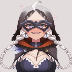 Rule 34 | 1girl, ahoge, black hood, blue eyes, blue feathers, blue ribbon, braid, breasts, cape, cleavage, commission, commissioner upload, crystal earrings, earrings, feathers, fire emblem, fire emblem fates, fire emblem heroes, heart, heart-shaped pupils, highres, hood, hood up, hooded cape, jewelry, long hair, looking at viewer, low twin braids, medium breasts, nina (fire emblem), nina (thief) (fire emblem), nintendo, non-web source, official alternate costume, parted bangs, portrait, ribbon, shiimidori, smile, solo, straight-on, symbol-shaped pupils, turtleneck, twin braids, white hair