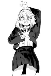 Rule 34 | 1girl, absurdres, arm above head, bow, bowtie, gavucchi, greyscale, grin, hatching (texture), highres, jacket, looking at viewer, medium hair, monochrome, open clothes, open jacket, original, pleated skirt, shirt, simple background, skirt, smile, solo, standing