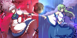 Rule 34 | 2girls, cloud, detached sleeves, female focus, floating, floating object, full moon, izayoi sakuya, knife, kochiya sanae, lauqe, long hair, maid, moon, multiple girls, navel, outstretched arm, outstretched hand, rain, short hair, short sleeves, symmetry, touhou, wide sleeves