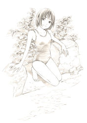 Rule 34 | 1girl, barefoot, monochrome, one-piece swimsuit, original, sketch, solo, swimsuit, traditional media, yoshitomi akihito