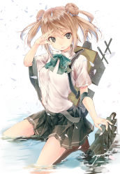 Rule 34 | 10s, 1girl, barefoot, black eyes, blouse, bow, bowtie, brown hair, double bun, hair bun, highres, kantai collection, kneeling, michishio (kancolle), partially submerged, personification, petals, pleated skirt, school uniform, shirt, skirt, solo, twintails, water, white background, yae (mono110)