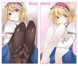 Rule 34 | 1girl, alice margatroid, bad id, bad pixiv id, barefoot, black pantyhose, blonde hair, blue eyes, blush, capelet, english text, feet, feet together, hairband, hammer (sunset beach), looking at viewer, pantyhose, short hair, smile, soles, solo, toes, touhou, white pantyhose