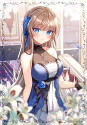 Rule 34 | 1girl, 723/nanahumi, bad id, bad pixiv id, bare shoulders, black gloves, blue dress, blue eyes, blue flower, blue rose, blush, border, breasts, brown hair, closed mouth, collarbone, dress, flower, gloves, hair flower, hair ornament, highres, jewelry, lily (flower), long hair, looking at viewer, medium breasts, necklace, original, petals, rose, rose petals, sleeveless, sleeveless dress, smile, solo, straight hair, very long hair, white flower