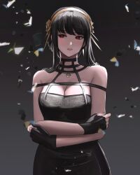 Rule 34 | 1girl, bare shoulders, black gloves, black hair, breasts, cleavage, closed mouth, crossed arms, facing viewer, fingerless gloves, flower, glass shards, gloves, gold hairband, gradient background, grey background, hair flower, hair ornament, hairband, highres, large breasts, lips, looking to the side, notgustiarp, red eyes, rose, sidelocks, solo, spikes, spy x family, upper body, yor briar