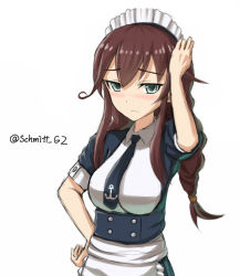 Rule 34 | 10s, 1girl, alternate costume, anchor symbol, apron, aqua eyes, blush, braid, brown hair, enmaided, hand on own hip, hand on own head, kantai collection, maid, maid apron, maid headdress, necktie, noshiro (kancolle), solo, twin braids, twitter username, upper body, white background, yakob labo