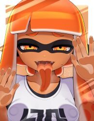 Rule 34 | 1girl, absurdres, against glass, border, breast press, breasts, breasts on glass, collarbone, colored tongue, covered erect nipples, dark-skinned female, dark skin, fangs, female focus, half-closed eyes, highres, inkling, inkling girl, inkling player character, long hair, long tongue, looking at viewer, matching hair/eyes, nintendo, open mouth, orange eyes, orange hair, orange tongue, qr code, saliva, small breasts, smile, solo, splatoon (series), sweatdrop, tentacle hair, tongue, tongue out, upper body, white border, yonao