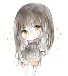 Rule 34 | 1girl, bad id, bad pixiv id, barefoot, blush, brown eyes, brown hair, brown hoodie, brown shorts, chibi, closed mouth, commentary request, cottontailtokki, full body, hair between eyes, hair ornament, hand up, head tilt, hood, hood down, hoodie, long hair, long sleeves, looking at viewer, original, short shorts, shorts, simple background, sleeves past fingers, sleeves past wrists, smile, solo, standing, very long hair, white background, x hair ornament