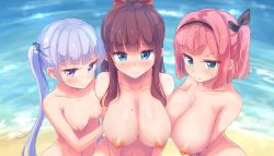 Rule 34 | 3girls, bare shoulders, beach, black ribbon, blue eyes, blunt bangs, blush, breast press, breasts, brown hair, cleavage, collarbone, day, girl sandwich, green eyes, hair ornament, hair ribbon, hairband, highres, large breasts, long hair, looking at viewer, medium breasts, mochizuki momiji, mole, mole on breast, multiple girls, navel, new game!, nipples, nitro (mugityaoisii), nude filter, one side up, outdoors, penguin hair ornament, pink hair, ponytail, purple eyes, purple hair, ribbon, sandwiched, short hair, smile, suzukaze aoba, takimoto hifumi, third-party edit, twintails, upper body, very long hair, water