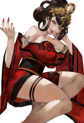 Rule 34 | 1girl, bare shoulders, black hair, blazpu, breasts, chinese clothes, crossed legs, detached sleeves, dress, earrings, fingernails, hair ornament, highres, jewelry, large breasts, long hair, long sleeves, looking at viewer, nail polish, nuwa (megami tensei), red dress, sash, shin megami tensei, shin megami tensei v, simple background, solo, thighs, yellow eyes