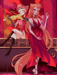 Rule 34 | 1boy, 1girl, absurdres, blonde hair, chandllucky, couple, demon boy, demon girl, dress, hair slicked back, hazbin hotel, highres, holding, holding instrument, holding violin, husband and wife, instrument, lilith (hazbin hotel), long hair, looking at another, lucifer morningstar (hazbin hotel), pregnant, red dress, very long hair, violin