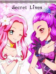 Rule 34 | 00s, 2girls, black dress, blush, choker, collarbone, commentary request, dress, english text, finger to mouth, flower, frills, gloves, gothic lolita, green eyes, ha-chan (mahou girls precure!), hair flower, hair ornament, hairband, half updo, hanami kotoha, kagami chihiro, lolita fashion, long hair, looking at viewer, mahou girls precure!, milk (yes! precure 5), mimino kurumi, multiple girls, pink eyes, pink hair, precure, purple hair, shushing, smile, sparkle background, sweet lolita, text focus, white dress, yes! precure 5, yes! precure 5 gogo!