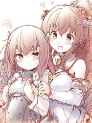 Rule 34 | 10s, 2girls, :d, blush, breast envy, breasts, brown eyes, brown hair, detached sleeves, flower, hair flower, hair ornament, hands on own chest, headband, heart, kantai collection, kibushi, long hair, multiple girls, open mouth, personification, ponytail, short hair, smile, squiggle, taihou (kancolle), yamato (kancolle)