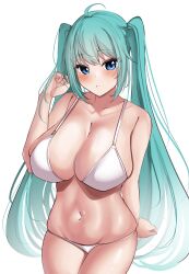 Rule 34 | 1girl, ahoge, alternate costume, armpit crease, bare shoulders, bikini, blue eyes, blue hair, blush, breasts, cleavage, collarbone, commentary request, cowboy shot, hatsune miku, highres, large breasts, long hair, looking at viewer, navel, open mouth, simple background, solo, swimsuit, tf cafe, twintails, very long hair, vocaloid, white background, white bikini