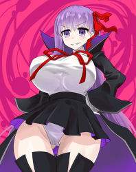 Rule 34 | 1girl, bb (fate), bb (fate/extra), black coat, black footwear, blush, boots, breasts, coat, fate/extra, fate/extra ccc, fate (series), gloves, grin, hair ribbon, hands on own hips, high-waist skirt, huge breasts, leotard, leotard peek, long hair, long sleeves, looking at viewer, neck ribbon, open clothes, open coat, oro (zetsubou girl), pink background, popped collar, purple eyes, purple hair, red ribbon, ribbon, skirt, smile, solo, thigh boots, thighhighs, thighs, upskirt, very long hair, white gloves, white leotard, wide sleeves