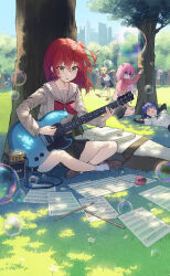 Rule 34 | 4girls, absurdres, amplifier, arm warmers, black skirt, blonde hair, blue eyes, blue hair, blush, bocchi the rock!, brown footwear, bubble, cable, collared shirt, commentary, day, electric guitar, gotoh hitori, grass, green eyes, grey sailor collar, guitar, hair between eyes, highres, holding, holding instrument, ijichi nijika, instrument, jacket, kita ikuyo, long hair, long sleeves, multiple girls, music, one side up, open mouth, outdoors, pink hair, pink jacket, playing instrument, red eyes, red footwear, red hair, sailor collar, school uniform, shirt, shoes, short hair, short sleeves, shuka high school uniform, side ponytail, skirt, socks, symbol-only commentary, tem, track jacket, tree, white shirt, white socks, yamada ryo