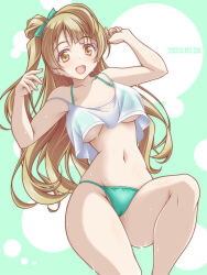 Rule 34 | 1girl, bikini, breasts, brown eyes, brown hair, cameltoe, camisole, cleft of venus, commentary, cropped shirt, dated, green bikini, green ribbon, groin, hair ribbon, halterneck, highres, kikuchi tsutomu, knee up, long hair, looking at viewer, love live!, love live! school idol project, medium breasts, minami kotori, navel, one side up, open mouth, ribbon, smile, solo, strap slip, string bikini, swimsuit, underboob, wet, white camisole