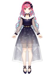 Rule 34 | 1girl, absurdres, ankle strap, arms at sides, blue hair, choker, closed mouth, colored inner hair, dress, earrings, full body, hairband, hibiki kanon, highres, indie virtual youtuber, jewelry, light blue hair, long hair, long sleeves, looking at viewer, multicolored hair, pink hair, purple footwear, red eyes, second-party source, see-through, see-through dress, see-through sleeves, simple background, smile, solo, virtual youtuber, white background, yoshihiro (yoshihiro12190)