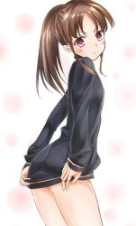Rule 34 | 1girl, bare legs, female focus, gradient background, jacket, long sleeves, naked jacket, saki (manga), solo, takakamo shizuno, track jacket, white background