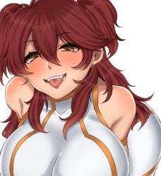 Rule 34 | 1girl, armlet, bare shoulders, blush, breasts, close-up, earrings, eyelashes, fang, freckles, gundam, gundam 00, gyoi, halterneck, halterneck, huge breasts, jewelry, large breasts, long hair, messy hair, nena trinity, red hair, simple background, solo, teeth, tongue, tongue out, two side up, white background, yellow eyes