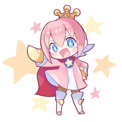 Rule 34 | 1boy, blue eyes, blush stickers, brown pantyhose, cape, chibi, coat, cross-shaped pupils, crown, full body, hair between eyes, kashima miyako, male focus, mini crown, mittens, ocean prince, open mouth, pantyhose, pink coat, pink hair, puyopuyo, puyopuyo fever, red cape, salde canarl shellbrick iii, solo, standing, star (symbol), symbol-shaped pupils, white footwear, yellow mittens