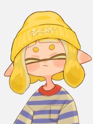 Rule 34 | 1girl, 2007 nasu, beanie, blonde hair, blue shirt, breast pocket, closed eyes, closed mouth, commentary, hat, inkling, inkling girl, inkling player character, medium hair, nintendo, pocket, pointy ears, shirt, simple background, solo, splatoon (series), splatoon 3, striped clothes, striped shirt, symbol-only commentary, tentacle hair, thick eyebrows, two-tone shirt, upper body, white background, white shirt, yellow hat