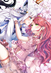 2girls ahoge animal_ear_fluff animal_ears aqua_eyes blush braid breasts bridal_garter cross-laced_clothes cross-laced_dress crown detached_sleeves dress earrings eye_contact face-to-face floating_crown floral_background flower flower_earrings fox_ears fox_girl fox_tail frilled_dress frilled_sleeves frills gloves green_eyes hair_flower hair_ornament hairclip hand_on_another&#039;s_head hololive hug imo_bouya jewelry large_breasts layered_dress long_hair long_sleeves looking_at_another lying mini_crown multiple_girls official_alternate_costume on_side pink_dress pink_hair pink_sleeves sakura_miko sakura_miko_(flower_fantasista!) shirakami_fubuki shirakami_fubuki_(saint) shirt smile tail thigh_strap tiara tilted_headwear virtual_youtuber white_gloves white_hair white_shirt yuri