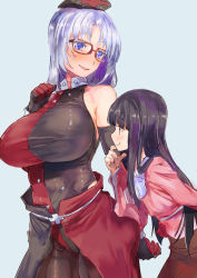 Rule 34 | 2girls, adapted costume, black hair, blue eyes, blush, breasts, glasses, gloves, hat, highres, hime cut, houraisan kaguya, large breasts, long hair, looking at another, multiple girls, nurse cap, open mouth, pantyhose, red eyes, silver hair, smile, touhou, yagokoro eirin, yohane
