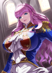 Rule 34 | 1girl, aristocratic clothes, ascot, blue eyes, boots, braid, breasts, bursting breasts, character name, character sheet, crown braid, drill hair, ema (emaura), epaulettes, formal, frilled sleeves, frills, gloves, huge breasts, impossible clothes, indoors, lips, long hair, manon legrand, official alternate costume, official alternate hairstyle, smile, solo, street fighter, street fighter 6, upper body, white gloves