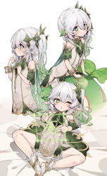 Rule 34 | 1girl, bare shoulders, blush, bracelet, braid, breasts, cape, crown braid, detached sleeves, dress, genshin impact, gradient hair, green cape, green eyes, green hair, hair ornament, highres, jewelry, leaf hair ornament, long hair, looking at viewer, multicolored hair, multiple views, nahida (genshin impact), one eye closed, open mouth, pkpkpppk, pointy ears, side ponytail, sidelocks, sleeveless, sleeveless dress, slime (genshin impact), small breasts, spread legs, symbol-shaped pupils, white dress, white hair
