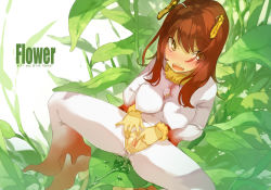 Rule 34 | 1girl, antennae, blush, breasts, brown hair, covered erect nipples, english text, eyes visible through hair, fangs, flower, large breasts, leaf, long hair, looking away, looking up, maruku, monster girl, nectar, nipples, open mouth, orange eyes, original, personification, petals, plant girl, pussy, pussy juice, pussy juice puddle, sitting, solo, spread legs, spread pussy, stamen, text focus, uncensored, yellow eyes