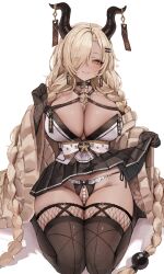 Rule 34 | 1girl, absurdres, azur lane, braid, breasts, cleavage, clothes lift, commentary, dark-skinned female, dark skin, earrings, gloves, gompang 11, hair over one eye, highres, horns, jewelry, large breasts, long hair, looking at viewer, mole, mole under mouth, owari (azur lane), pearl thong, skirt, skirt lift, smile, solo, thighhighs, very long hair, white background