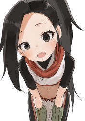 Rule 34 | 1girl, :d, black eyes, black hair, commentary request, crop top, forehead, head tilt, highres, kunoichi tsubaki no mune no uchi, leaning forward, long hair, looking at viewer, midriff, navel, open mouth, ponytail, red scarf, scarf, short sleeves, simple background, smile, solo, tsubaki (kunoichi tsubaki no mune no uchi), very long hair, white background, yamamoto souichirou