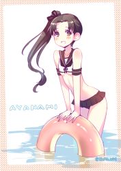 Rule 34 | 10s, 1girl, adapted costume, arm support, ayanami (kancolle), black eyes, black hair, blush, character name, crop top, halftone, halftone background, innertube, kantai collection, long hair, looking at viewer, nishimura eri, school uniform, serafuku, side ponytail, simple background, skirt, smile, solo, swim ring, twitter username, very long hair