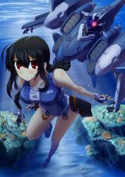 Rule 34 | 1girl, absurdres, ahoge, bare legs, black hair, braid, breasts, bubble, collarbone, fingerless gloves, fish, freediving, gloves, glowing, highres, holding breath, holster, kawajuu, large breasts, legs, long hair, looking at viewer, machinery, mecha, name tag, one-piece swimsuit, original, red eyes, robot, rock, sandals, skin tight, solo, swimming, swimsuit, underwater, water