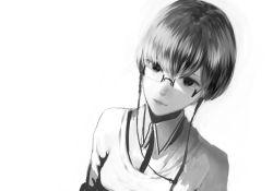 Rule 34 | 1girl, commentary, dutch angle, glasses, greyscale, looking at viewer, monochrome, original, portrait, sakimori (hououbds), short hair, simple background, solo, white background