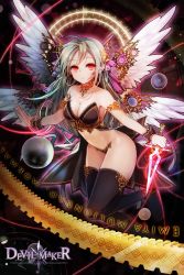 Rule 34 | 1girl, armor, bikini armor, black thighhighs, breasts, cleavage, collarbone, copyright name, dagger, devil maker, fantasy, feathered wings, female focus, floating hair, full body, hair between eyes, holding, holding dagger, holding knife, holding weapon, knife, long hair, looking at viewer, medium breasts, midriff, multiple wings, navel, outstretched arms, red eyes, sila (carpen), silver hair, solo, stomach, thighhighs, very long hair, weapon, white wings, wings, wrist cuffs