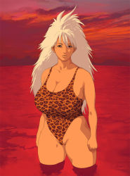 Rule 34 | 1girl, akr (qpqpqp), breasts, cleavage, artistic error, huge breasts, large breasts, long hair, one-piece swimsuit, plump, solo, swimsuit, water, white hair