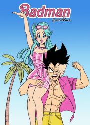 Rule 34 | 1boy, 1girl, alien, amartbee, annoyed, barbie (franchise), barbie (live action), black hair, blue eyes, blue hair, breasts, bulma, cosplay, crossover, day, dragon ball, dragonball z, earrings, grin, hand on another&#039;s face, hand up, highres, husband and husband, jewelry, legs, long hair, looking at viewer, medium breasts, muscular, necklace, open clothes, open mouth, open shirt, outfit connection, palm tree, parody, pectorals, shiny skin, sitting, sitting on person, sitting on shoulder, skirt, smile, standing, sunglasses, trait connection, tree, vegeta