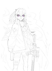 Rule 34 | 1girl, ar-15, character name, copyright name, girls&#039; frontline, greyscale, gun, highres, jacket, looking at viewer, mask, mask around neck, monochrome, purple eyes, rifle, sidelocks, signature, sketch, st ar-15 (girls&#039; frontline), st ar-15 (mod3) (girls&#039; frontline), unfinished, warfakaid, weapon