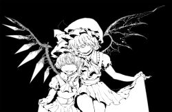 Rule 34 | 2girls, ama (mosaicowen), ascot, bat wings, black background, collared shirt, cowboy shot, crystal, facing viewer, flandre scarlet, frilled shirt collar, frilled sleeves, frills, greyscale, hat, hat ribbon, high contrast, highres, medium hair, mob cap, monochrome, multiple girls, no eyes, no nose, one side up, open mouth, puffy short sleeves, puffy sleeves, remilia scarlet, ribbon, shirt, short sleeves, siblings, simple background, sisters, skirt, skirt hold, teeth, touhou, vest, wings