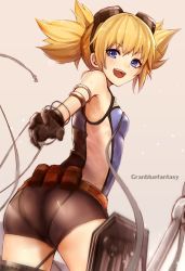 Rule 34 | 1girl, artist name, ass, bad id, bad pixiv id, bare shoulders, belt, black gloves, blonde hair, blue eyes, breasts, copyright name, cowboy shot, fingerless gloves, from behind, gloves, goggles, goggles on head, granblue fantasy, highres, leotard, looking at viewer, looking back, open mouth, pengie, short hair, short shorts, short twintails, shorts, simple background, skindentation, small breasts, solo, sweat, twintails, yukihama